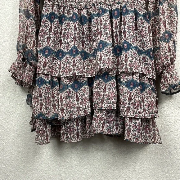 Zara V Neck Ruffle Trim Mini Dress Rust Geo Paisley Boho Cottagecore Sz S - Picture 6 of 14